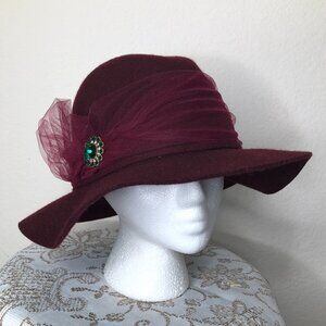 Beautifully embellished Dark Maroon Wool & Hat with Tulle